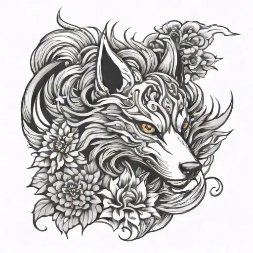 god amaterasu with kitsune mask and flowers tattoo design idea