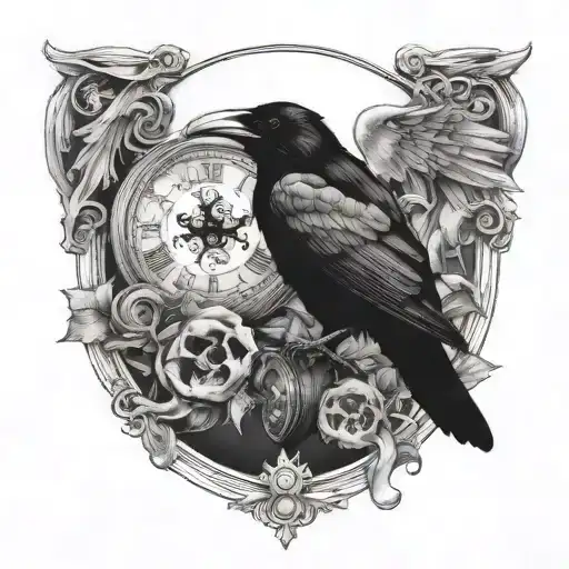 raven and skull with clock face tattoo design idea