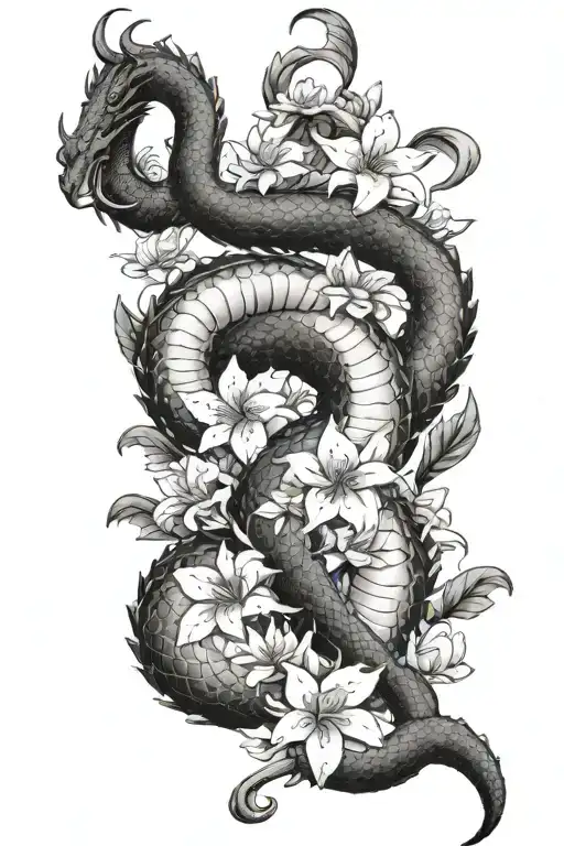 naga with flowers blooming tattoo design idea