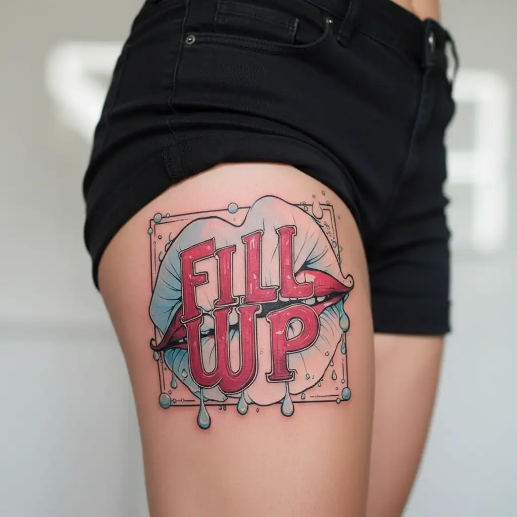 "Fill Me Up" white droplets, lips tattoo design idea
