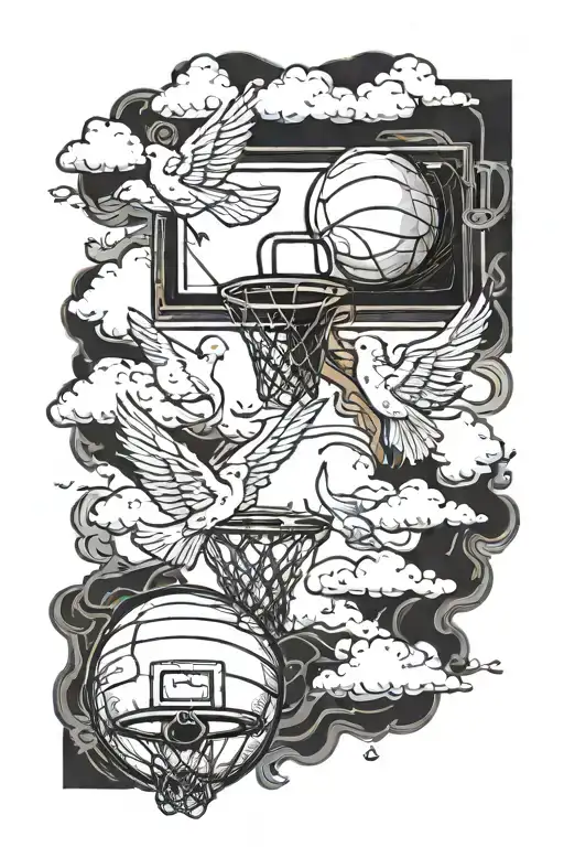 Basketball hoop J3 Bible verse doves and clouds surrounding tattoo design idea