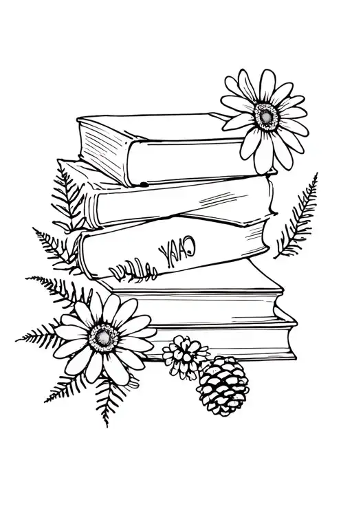 books and daisys and pinecones and ferns tattoo design idea