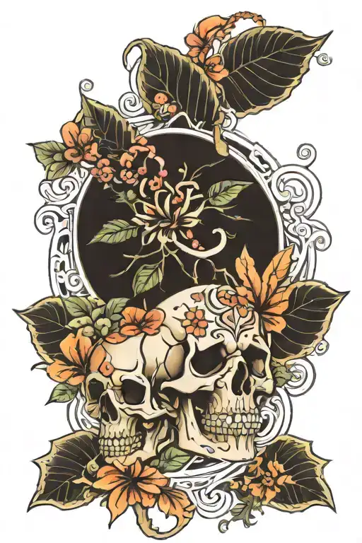 skeletons, wild and hibiscus flowers and mandalas in a kawaii style tattoo design idea