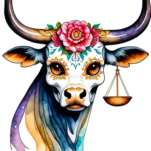 feminine bull with sugar skull markings, brown eyes and two Libra scales and dark background tattoo design idea