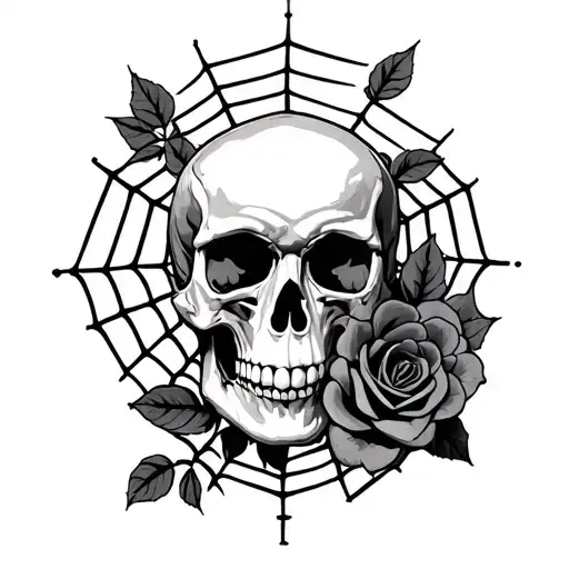 skull roses spider web tattoo design idea