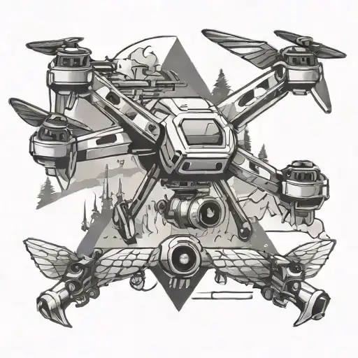A cyber security themed tattoo featuring a flying drone in a camping setting tattoo design idea