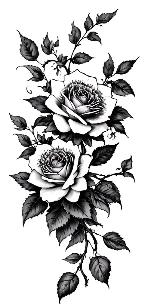 Roses, Jasmine, Passionflower with vines in black. The flowers are wilting the closer they are to the shoulder tattoo design idea