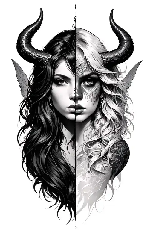 split face sexy girl angel and a sexy girl devil horns bahamut head tattoo design idea