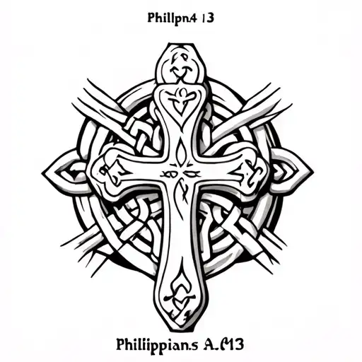 Philippians 4:13 and Celtic cross with body armour around it tattoo design idea