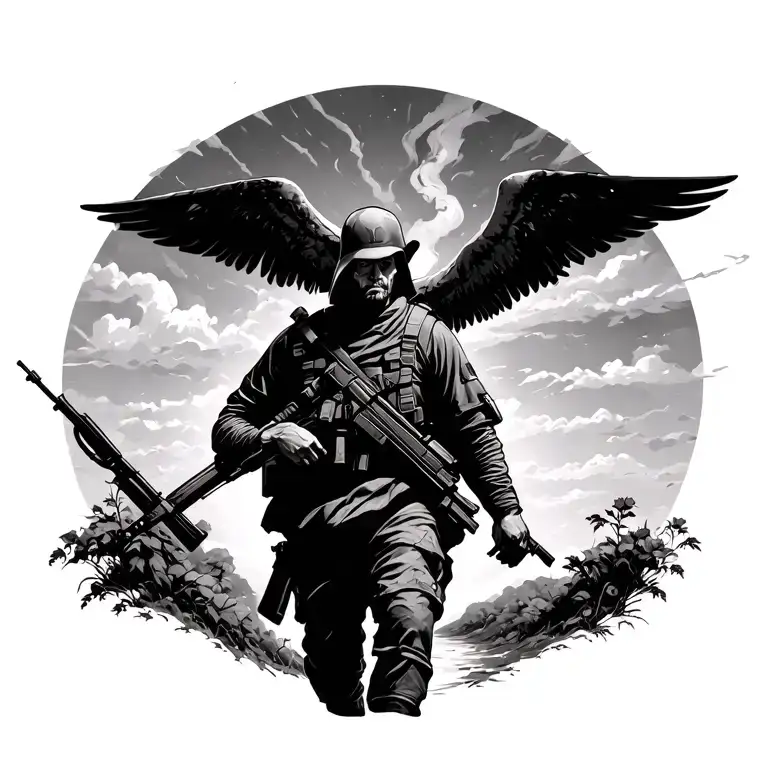 imagine of a soldier of god that's walking a path of pain tattoo design idea