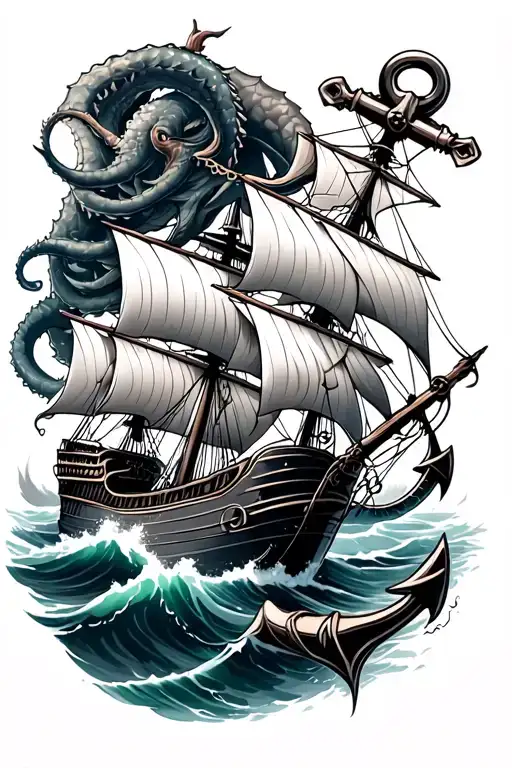 full sleeve navy anchor with ship sailing through storm and kraken tattoo design idea