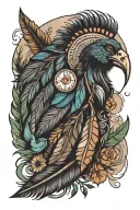 turkey feather, nativa american arrow, horse shoe, hilly forest, moon  tattoo design idea