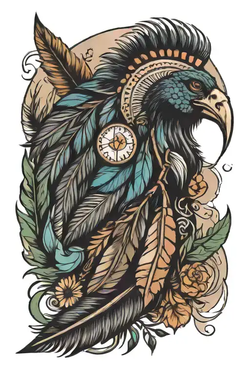 turkey feather, nativa american arrow, horse shoe, hilly forest, moon  tattoo design idea