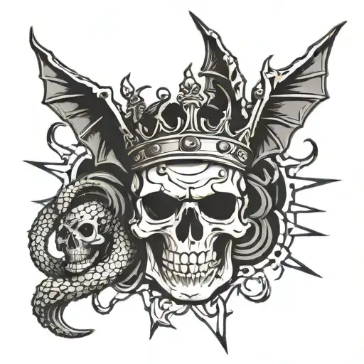 skull, snake, bats, crown of thorns  tattoo design idea