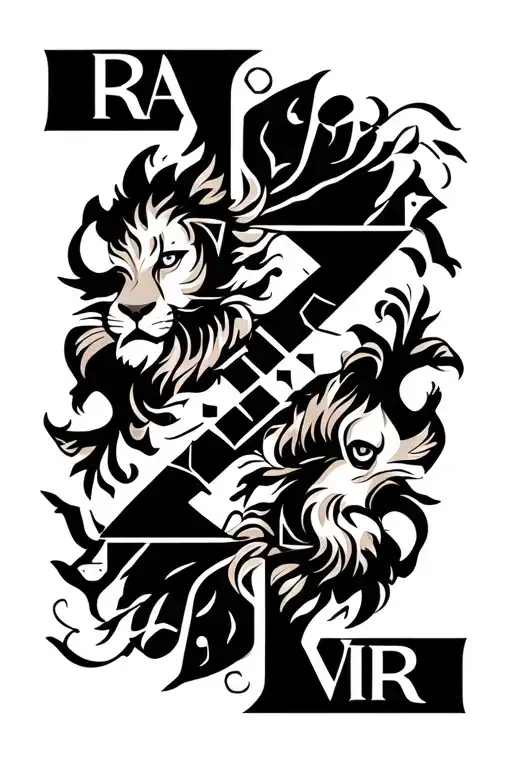 Arm tattoo design with the name 'Rajvir' in bold artistic font, two lions facing outward to symbolize brotherhood tattoo design idea