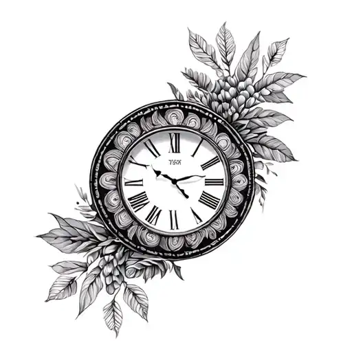round clock with pattern incorporating elements of plants tattoo design idea