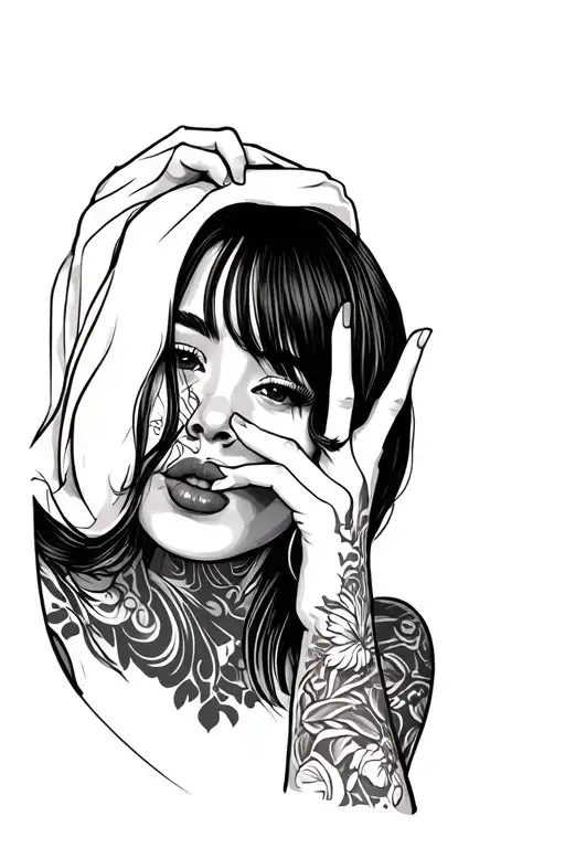 Thin black linework only. A minimal, straight-on woman doing a ‘shhh’ gesture with very little facial detail — no eyes,  tattoo design idea
