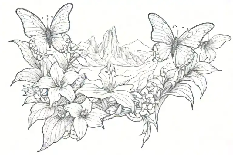 mountain skyline, butterfly, dog paws, calla lilies tattoo design idea