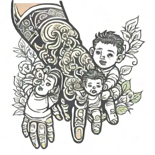bicep sleeve, father holding 3x childrens hands. liam, noah and chloe tattoo design idea