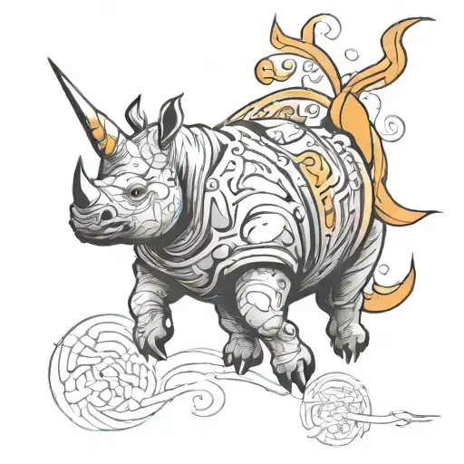 Flying rhino, tattoo sketch, High detail,  digital, stencil bold lines, vibrant colors, dramatic lighting, varied style, tattoo design idea