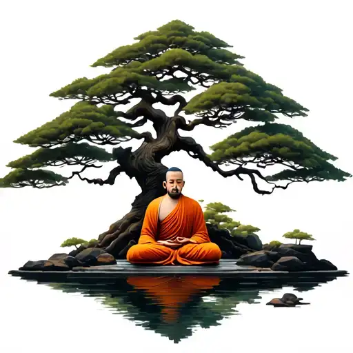 A peaceful monk meditating under a large ancient tree, like a bonsai or bodhi tree, with flowing robes and a serene expr tattoo design idea