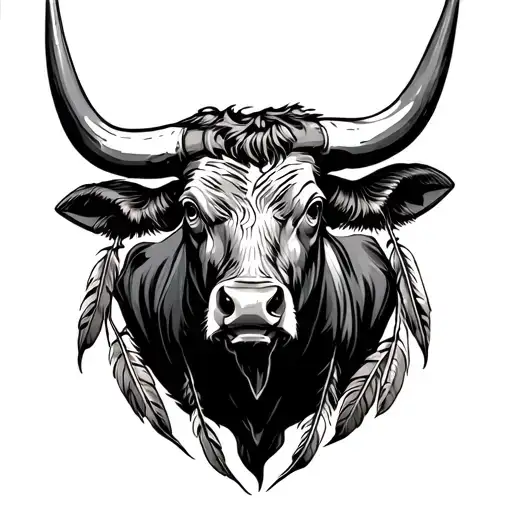 longhorn bull with feathers ahanging from the horns tattoo design idea