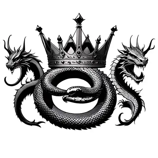snake and dragon making a kings crown tattoo design idea