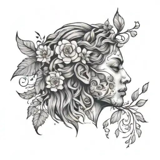 front facing gaia head with hair with flowers and leaves falling and other nature elements around.  tattoo design idea