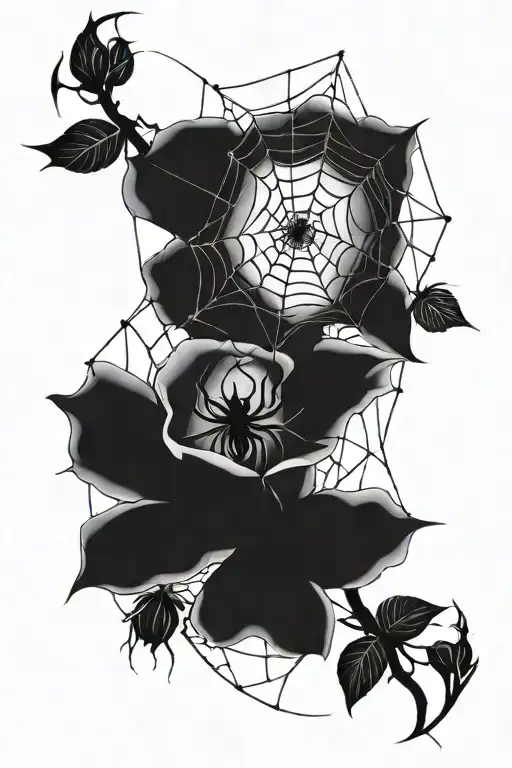 sketch on the leg of a rose spider and web tattoo design idea