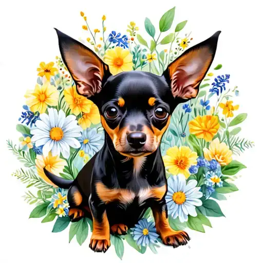 Miniature Pinscher and Chihuahua Mix named Savannah with flowers around in a circle tattoo design idea