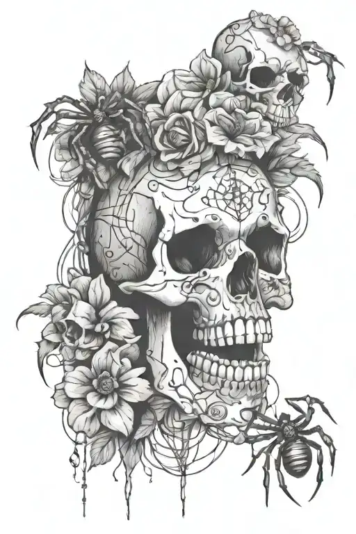 skull flowers with spiders hanging hip tatoo  tattoo design idea