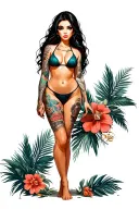 Sexy girl, petite, big boobs, wide hips, bikini . long hair,sexual. Seductive. Full Body, standing with legs and feet tattoo design idea