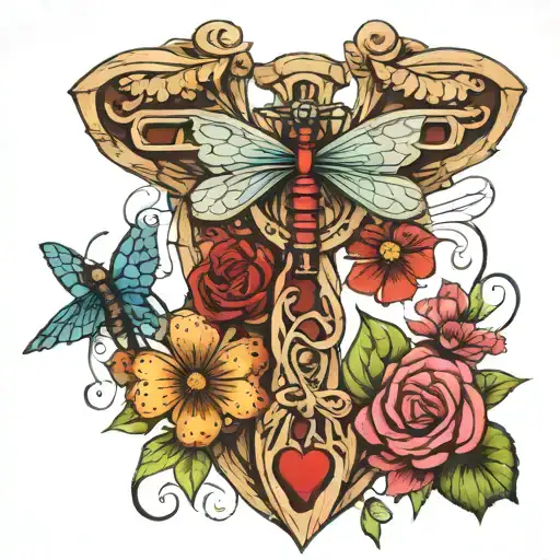 christian wooden cross a butterfly and a dragonfly and a ladybug around the cross at a sacared location tattoo design idea