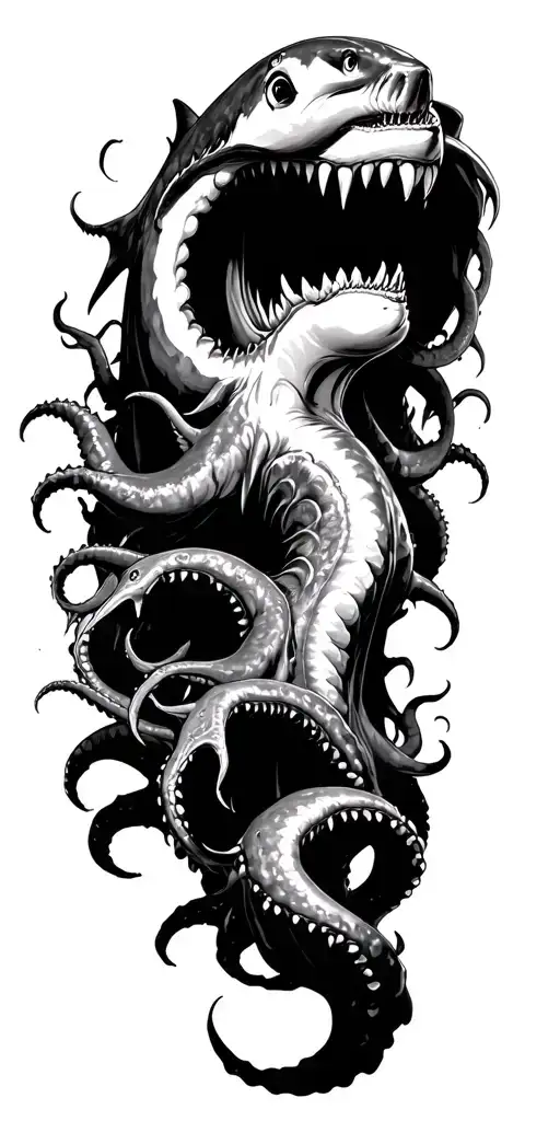 kraken emerging from the depths surrounded by hammerhead sharks tattoo design idea