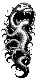 kraken emerging from the depths surrounded by hammerhead sharks tattoo design idea