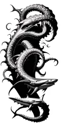 kraken emerging from the depths surrounded by hammerhead sharks tattoo design idea