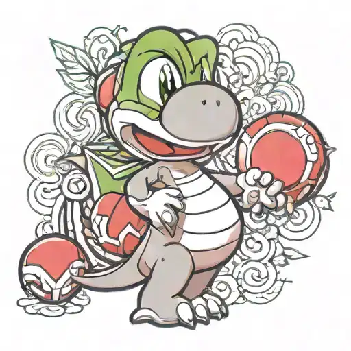 Yoshi from nintendo holding a pokémon ball tattoo design idea