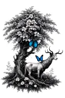 Willow tree with Taurus sign and Leo sign and blue butterfly  tattoo design idea