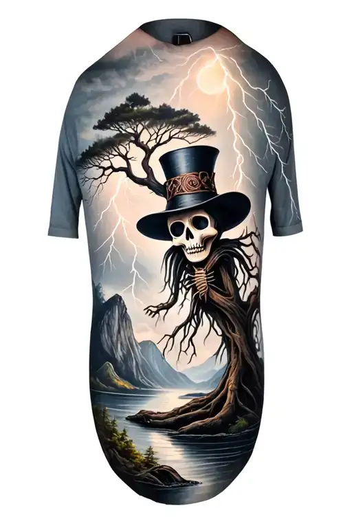 voodoo stitched doll with cylinder hat and lightining storm and fjord and nature, big tree tattoo design idea