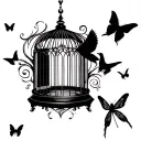 Victorian style birdcage with an open door and flying out are silhouettes of a butterfly, bird, dragonfly tattoo design idea