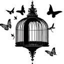Victorian style birdcage with an open door and flying out are silhouettes of a butterfly, bird, dragonfly tattoo design idea