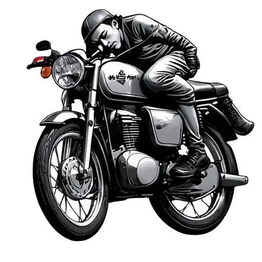 profile of Vietnamese motorbike driver lying on his back asleep on a motorbike. simple tattoo design idea