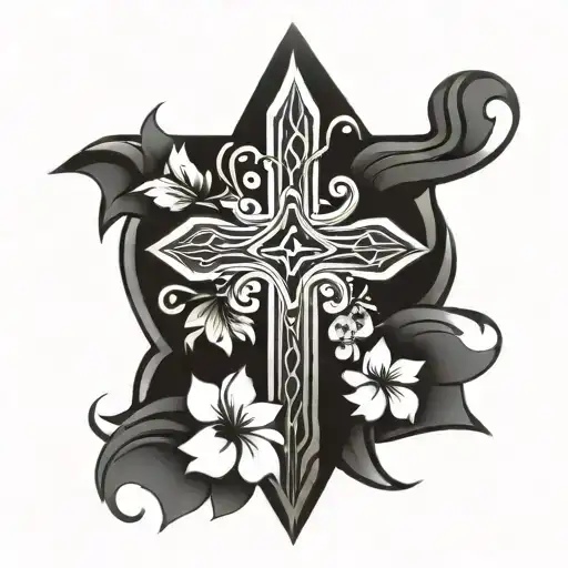 wooden cross with flowers tattoo design idea