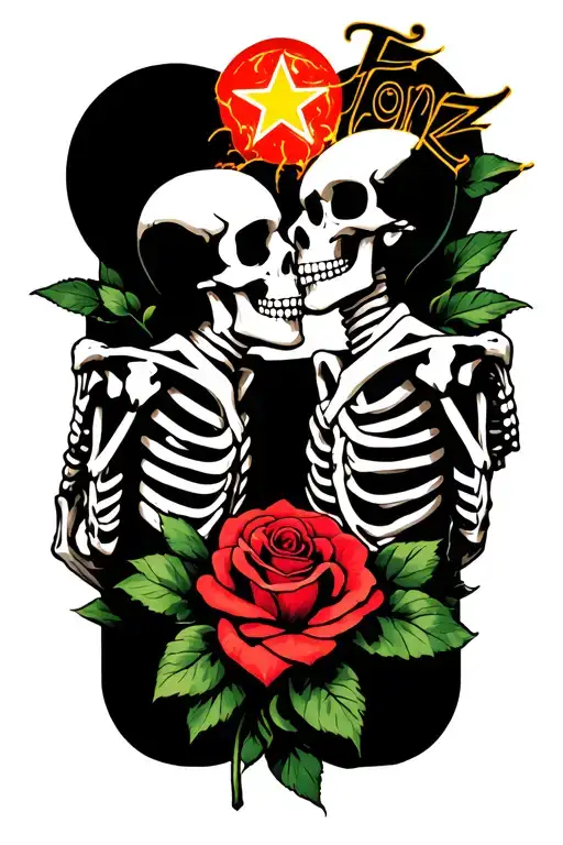 the word 'Tonz' 2 skeletons kissing and Star transforming into a rose tattoo design idea