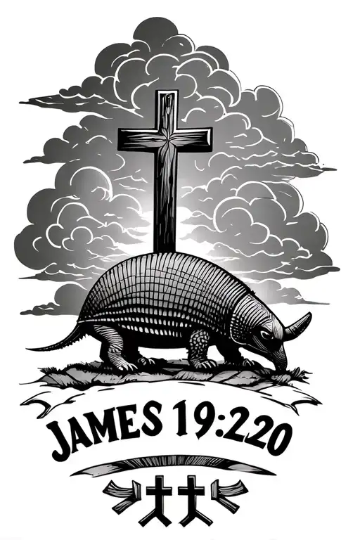 James 1:19-20 with clouds around it and three crosses at the bottom with the armadillo in the background tattoo design idea