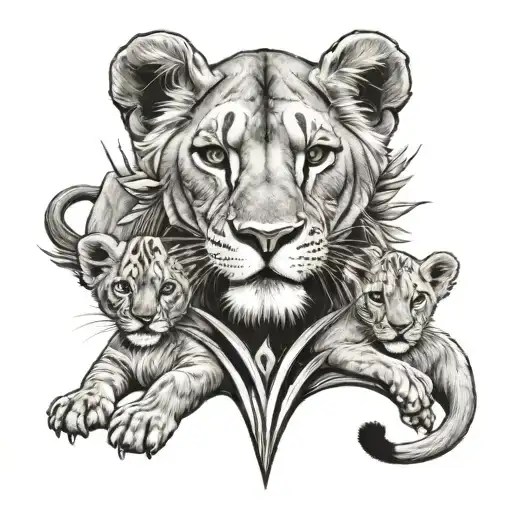 lioness 4 lion cubs fleur de lys tattoo design idea