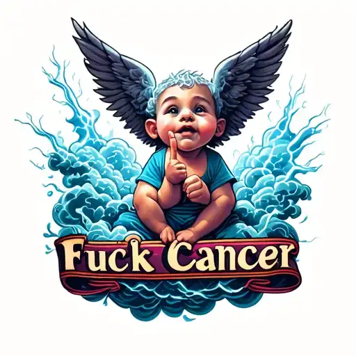 "Fuck Cancer" hyperrealistic short cute charub floating through a big storm lighting clouds showing his middle finger tattoo design idea