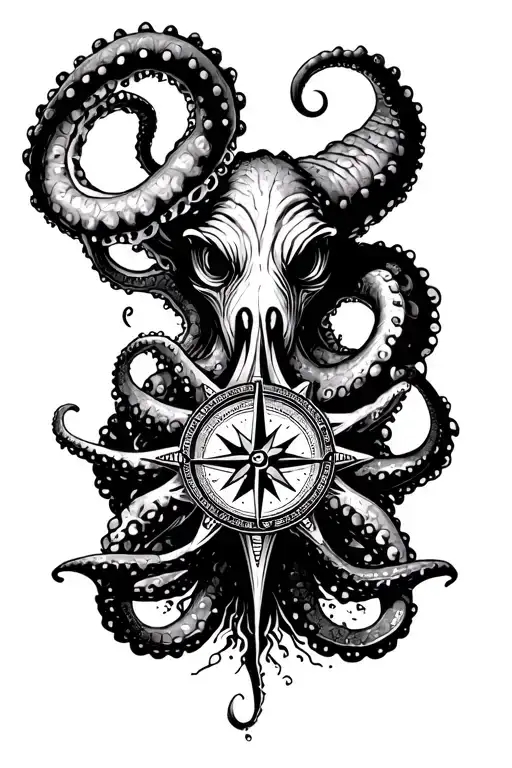 angry kracken octopus in ocean with nautical compass in middle with tentacles out wide with waves tattoo design idea