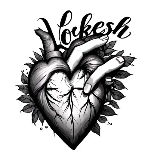 Generate a tattoo image on a girl's right hand, just above the heart, with her boyfriend's name 'Lokesh' written in a st tattoo design idea