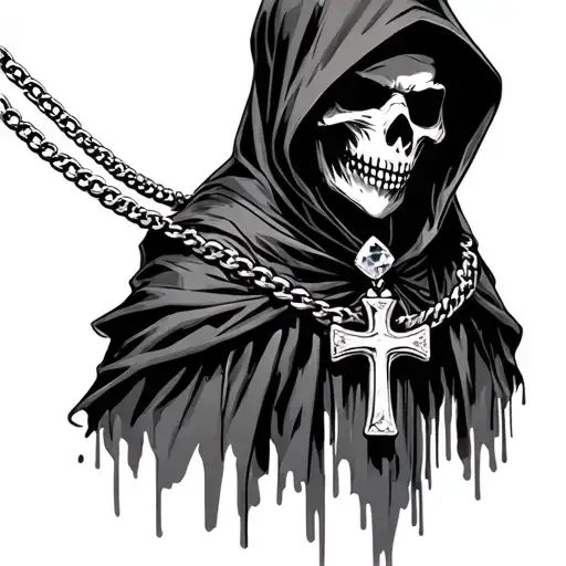 grim reaper with diamond chain around his neck, the pendant is a cross,his face half covered by the shadow from his hood tattoo design idea